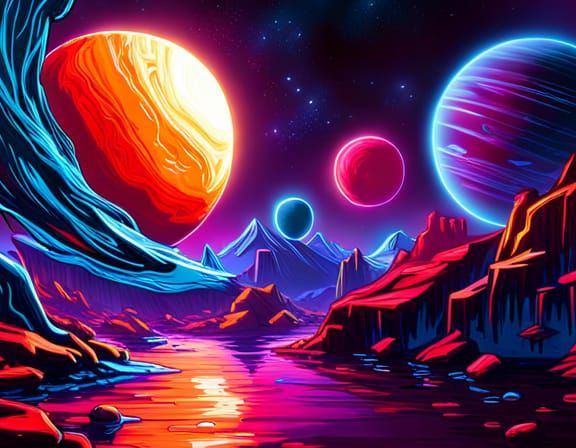 Neon Planets Black Light Poster in Cyberpunk Style