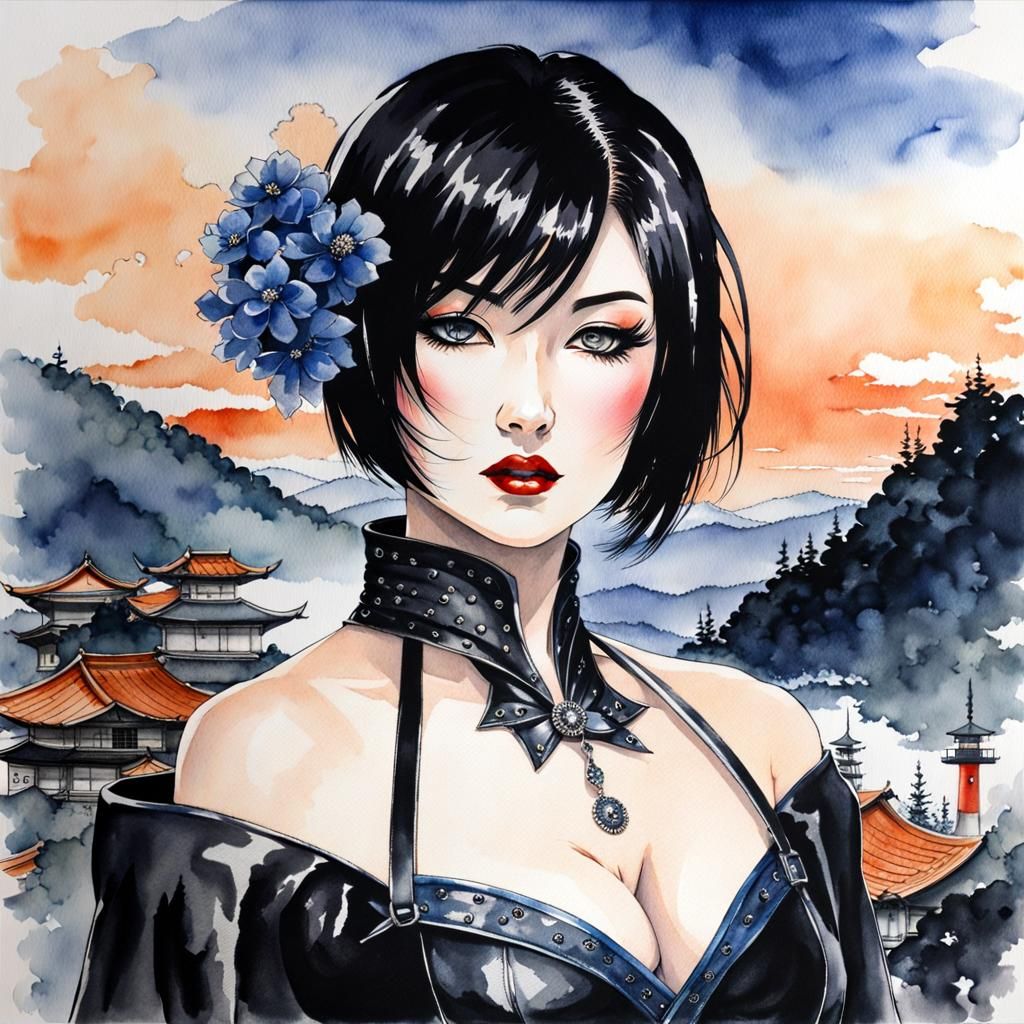 Dark Gothic Mistress Portrait in Watercolor Style