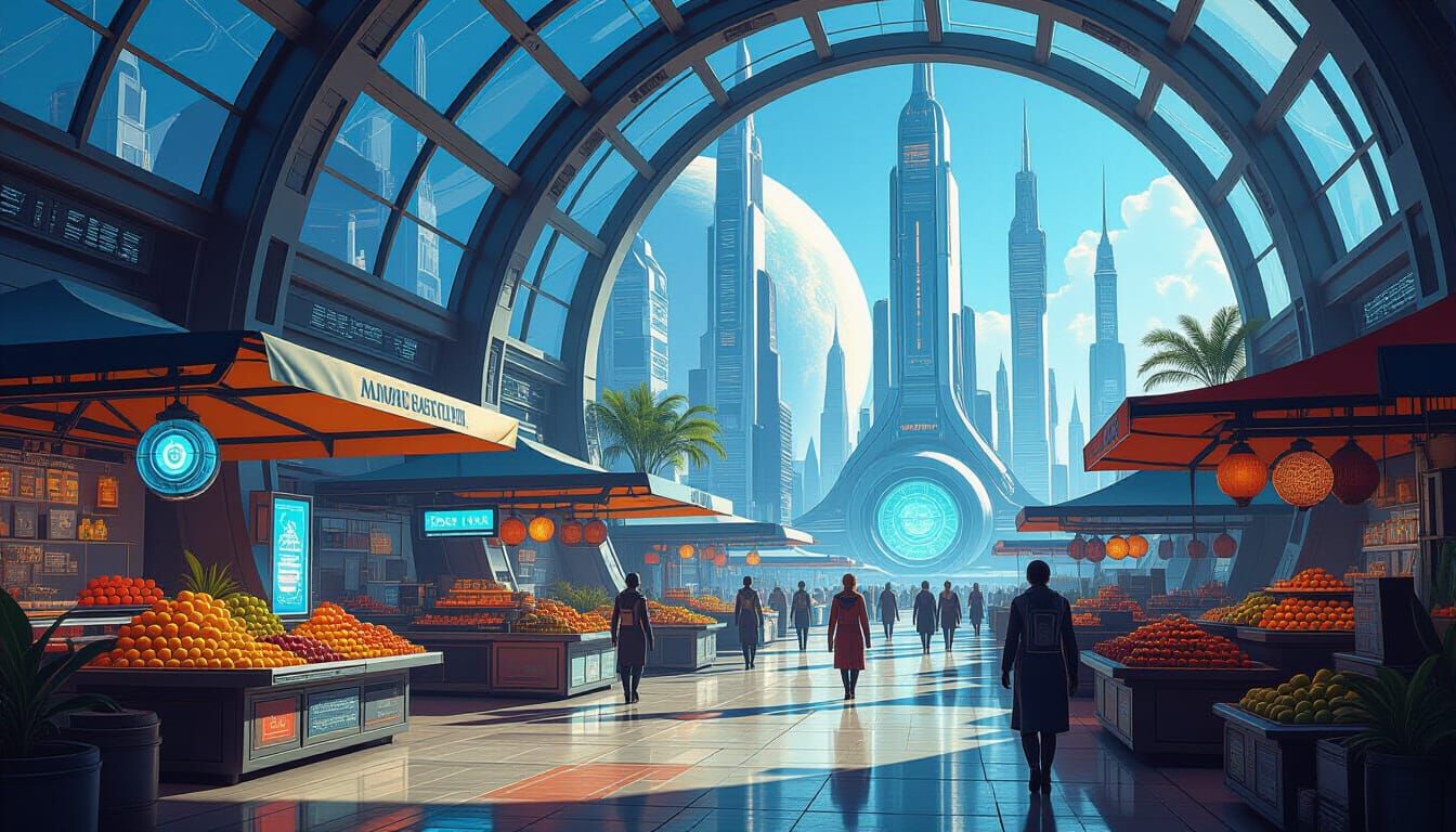 Martian Bioluminescent Bazaar Under Bio-Dome