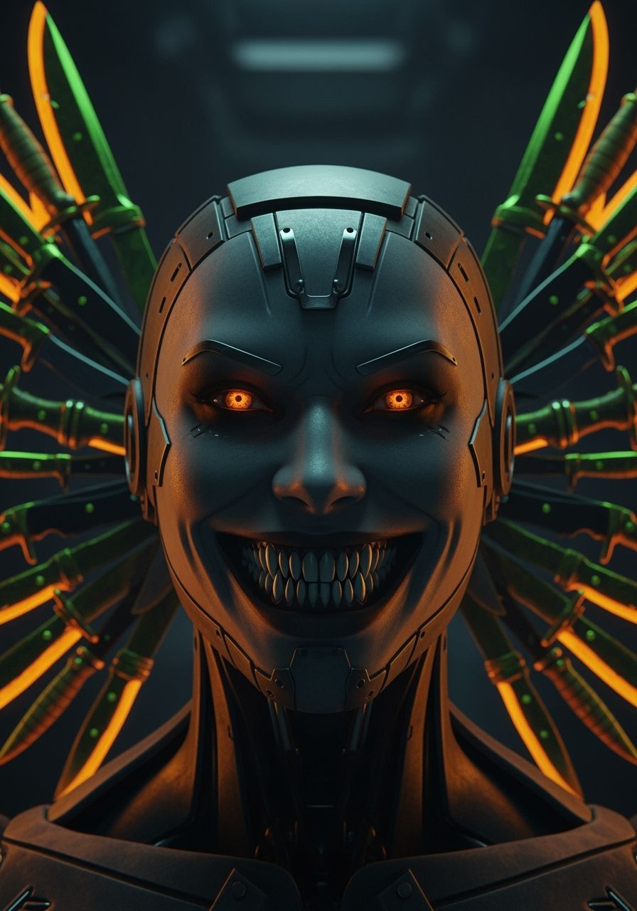 Grinning Murderbot with Knife Wings Close-up