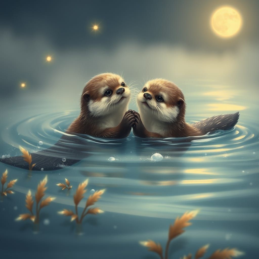 Moonlit Otter Love in Dreamy Fairy Tale Style