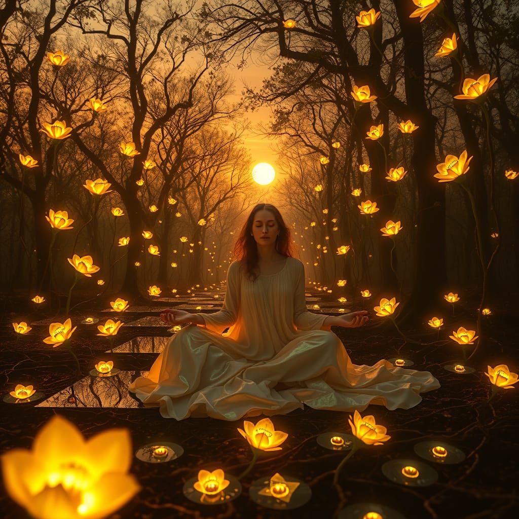 Mystical Woman in Golden Sunset Labyrinth