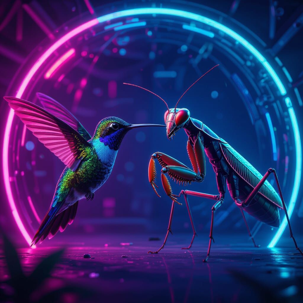 Hummingbird vs. Praying Mantis in Neon Dome