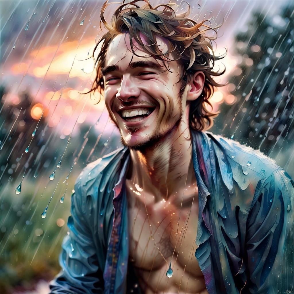 Man Laughing in Rain, Stylized Watercolor Art