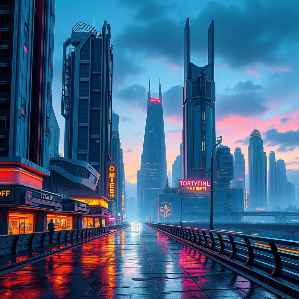 Futuristic Cityscape at Dusk, in Industrial Futurism Style