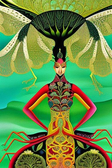 Mantis-Human Hybrid in Mycelium Network, Digital Art