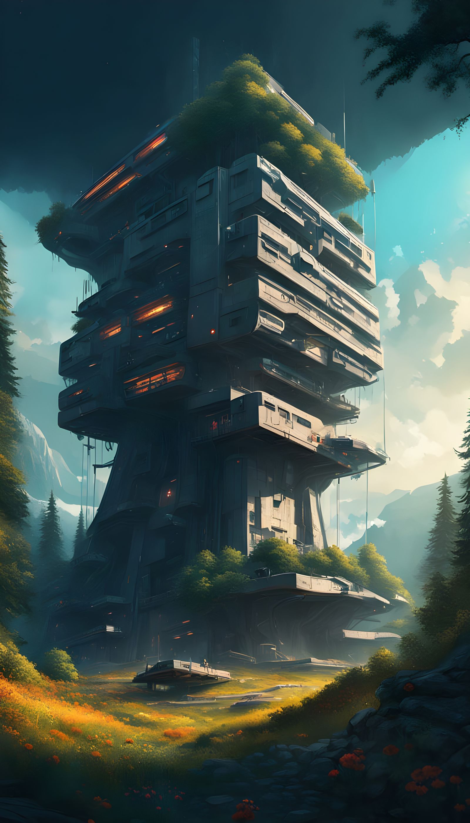 Futuristic Brutalist Military Base in Mountain Valley