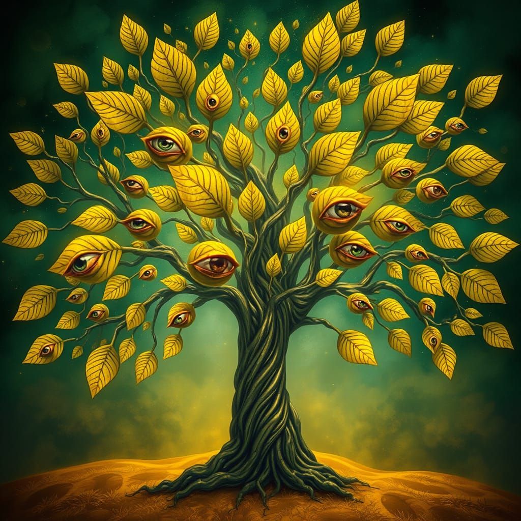 Surreal Eye Tree in Golden Green Ethereal Style