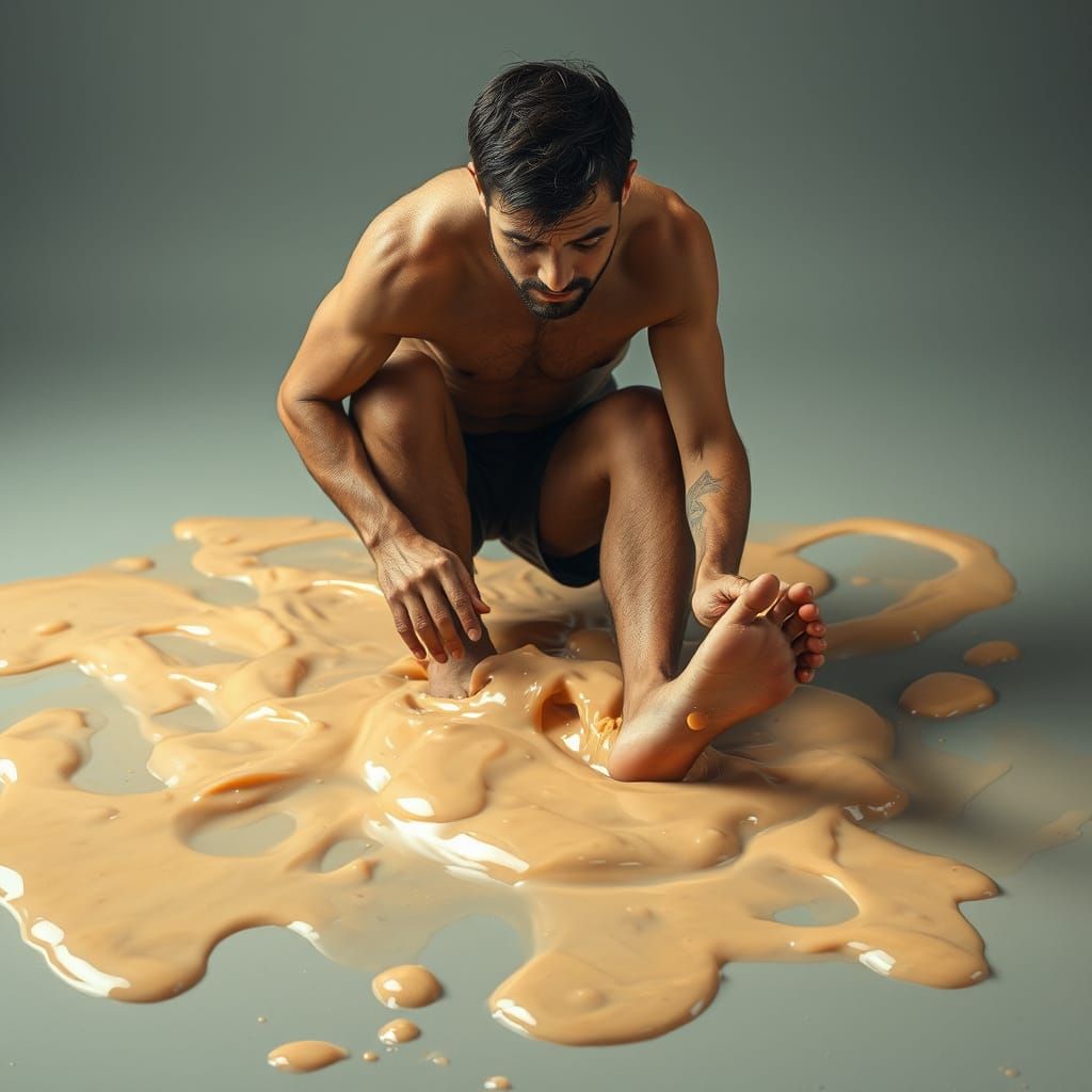 Man Struggles to Escape Sticky Glue Puddle