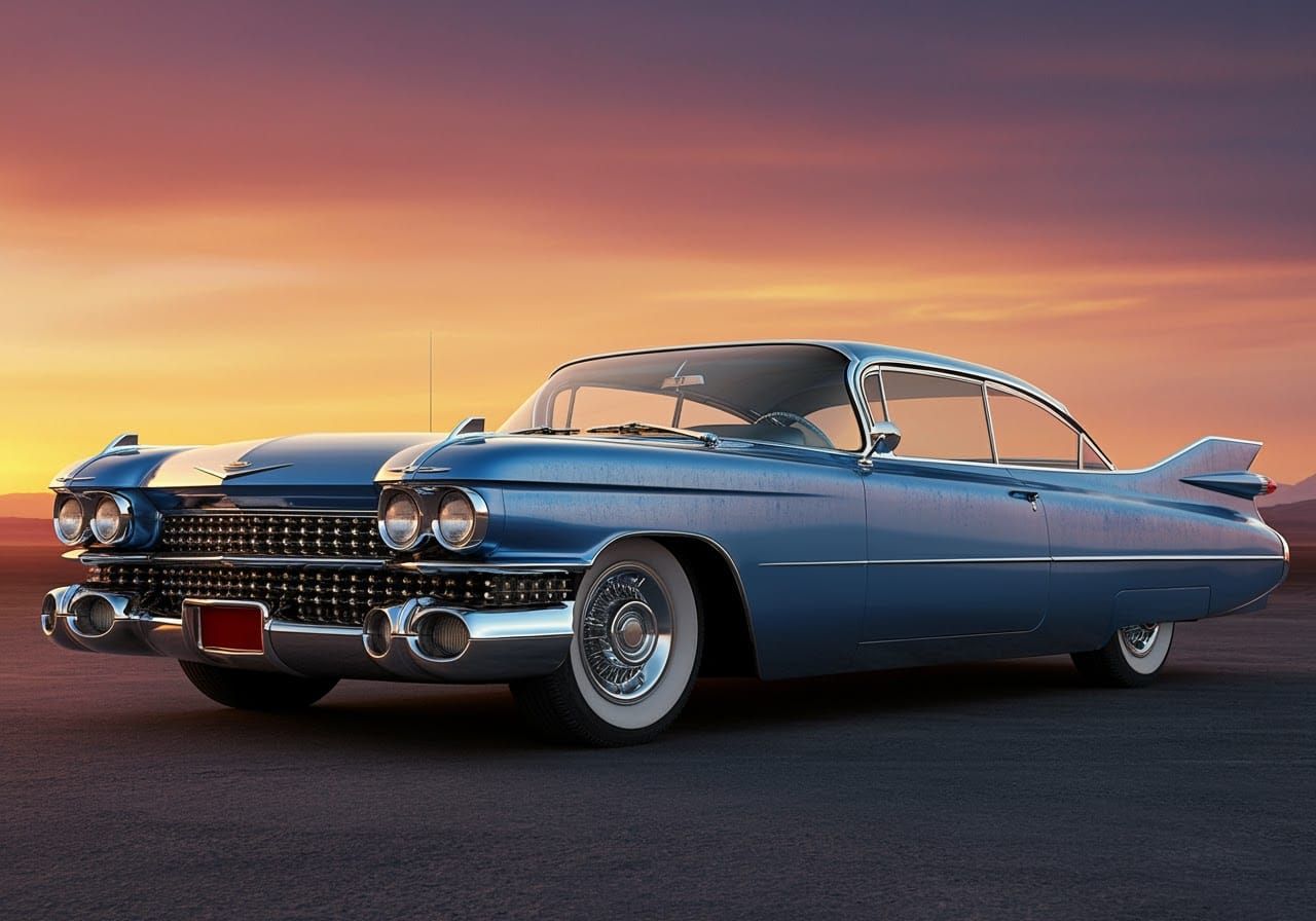 1959 Cadillac on Desert Highway at Dusk
