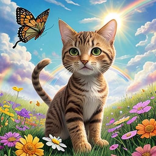 cute baby brown tabby cat with big head and eyes chasing a butterfly through a field of grass and beautiful flowers with...