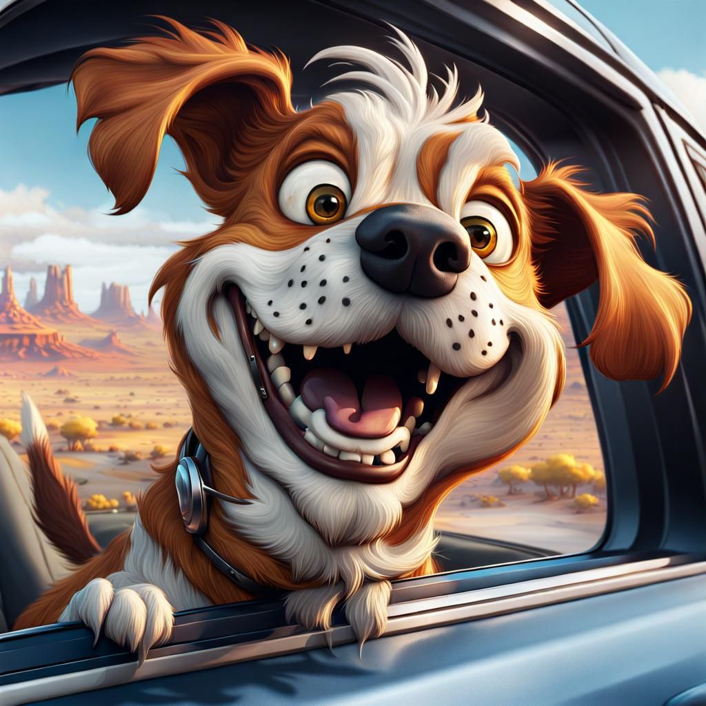 Happy Dog in Car: Cartoon Art Adventure