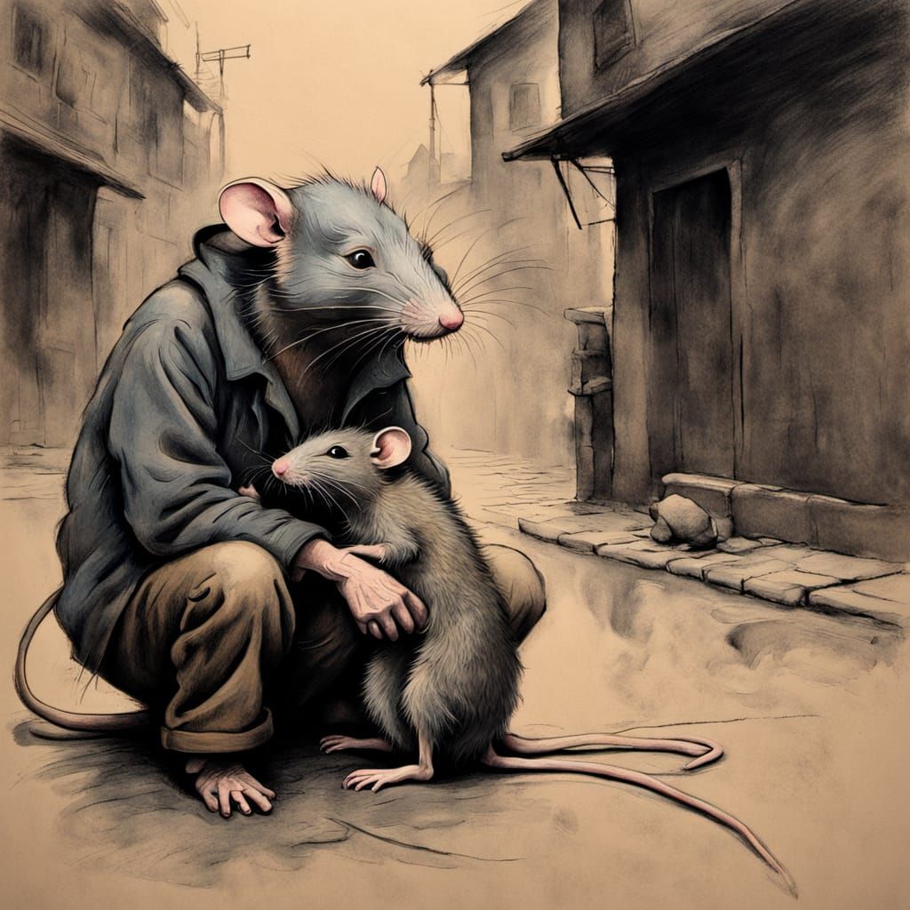 Emotive Charcoal Drawing: Rat Consoles Hobo