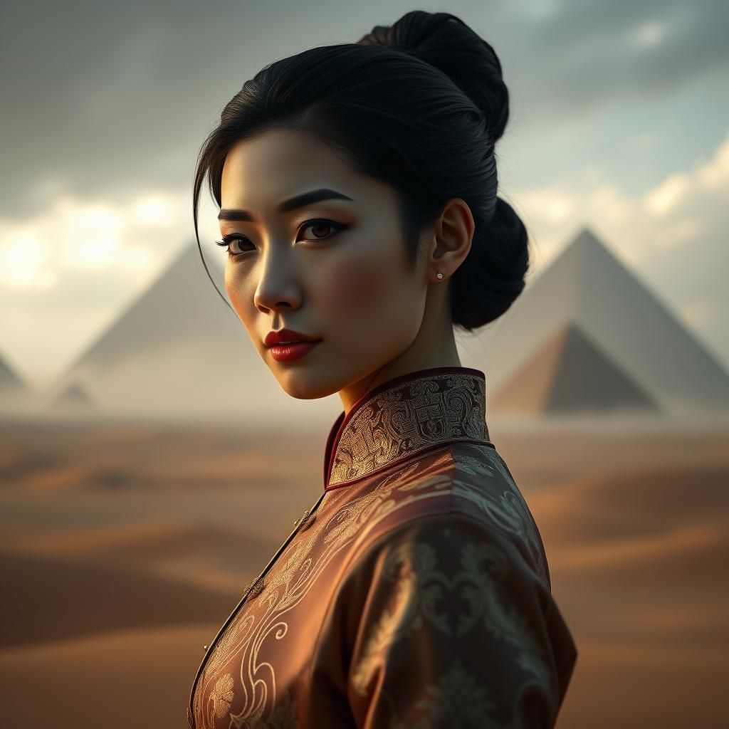 Oriental Woman in Desert Landscape: Photorealistic 4D Render