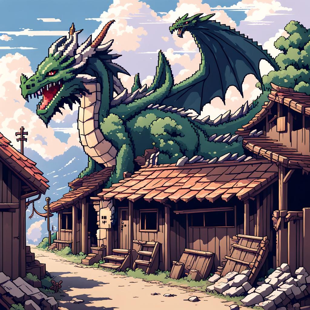 Pixel Art Dragon in Destroyed Village