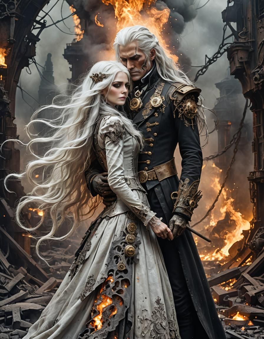 Ember Embrace: Steampunk Woman and Molten Ash Figure