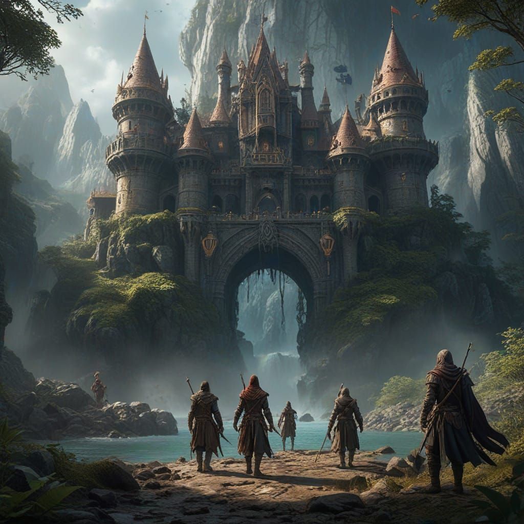 Heroic Fantasy Adventurers Confront Hydra in Epic Scene