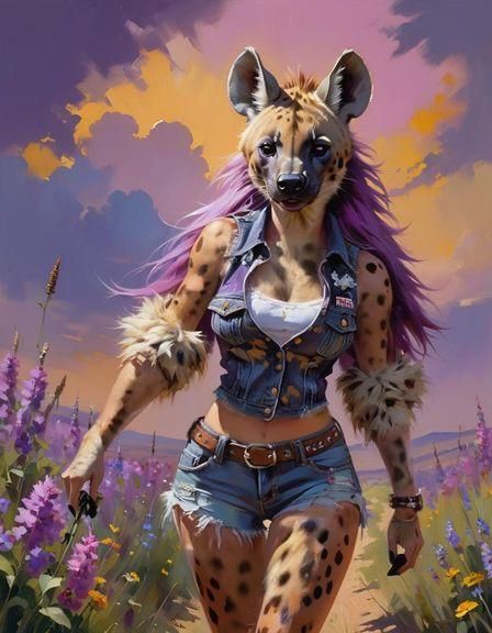 Vibrant Furry Hyena Woman in Wildflower Field