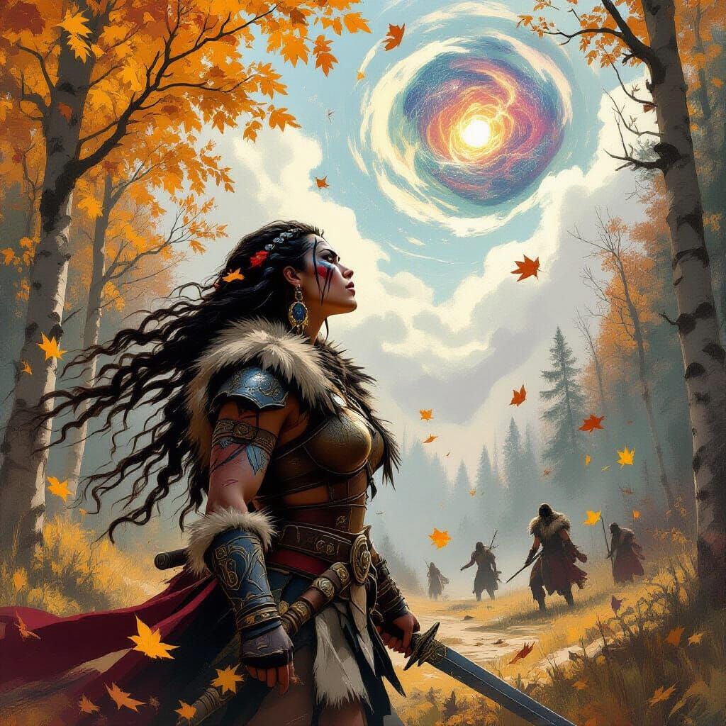 Barbarian Warrior Goddess Amidst Cosmic Autumn Forest