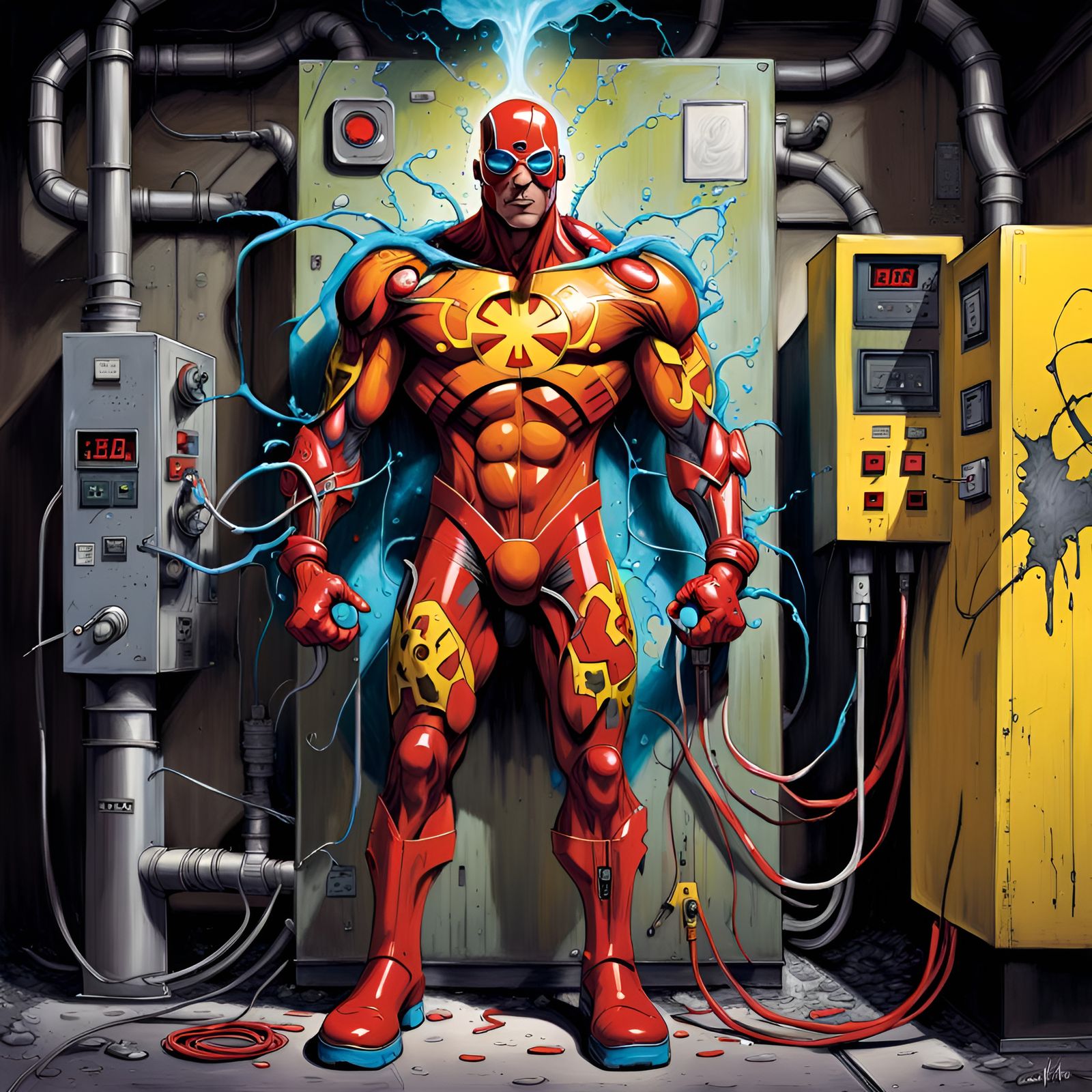 Battery-Powered Superhero Charging in Graffiti Art Style