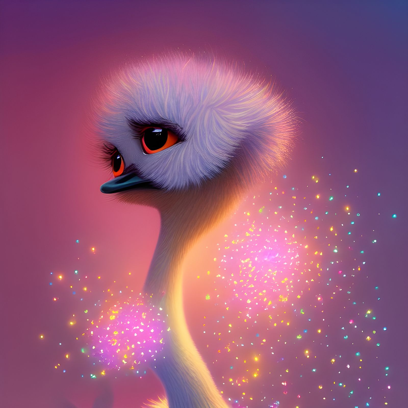 Adorable Emu Surrounded by Luminous Pink Sparkles
