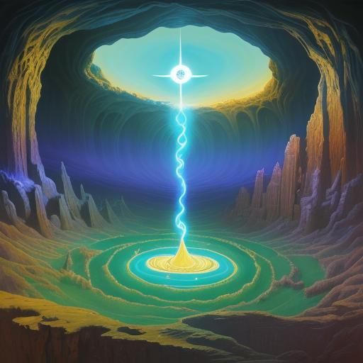 Mystical Being Meditates in Dreamlike Cave: Surrealist Oil P...