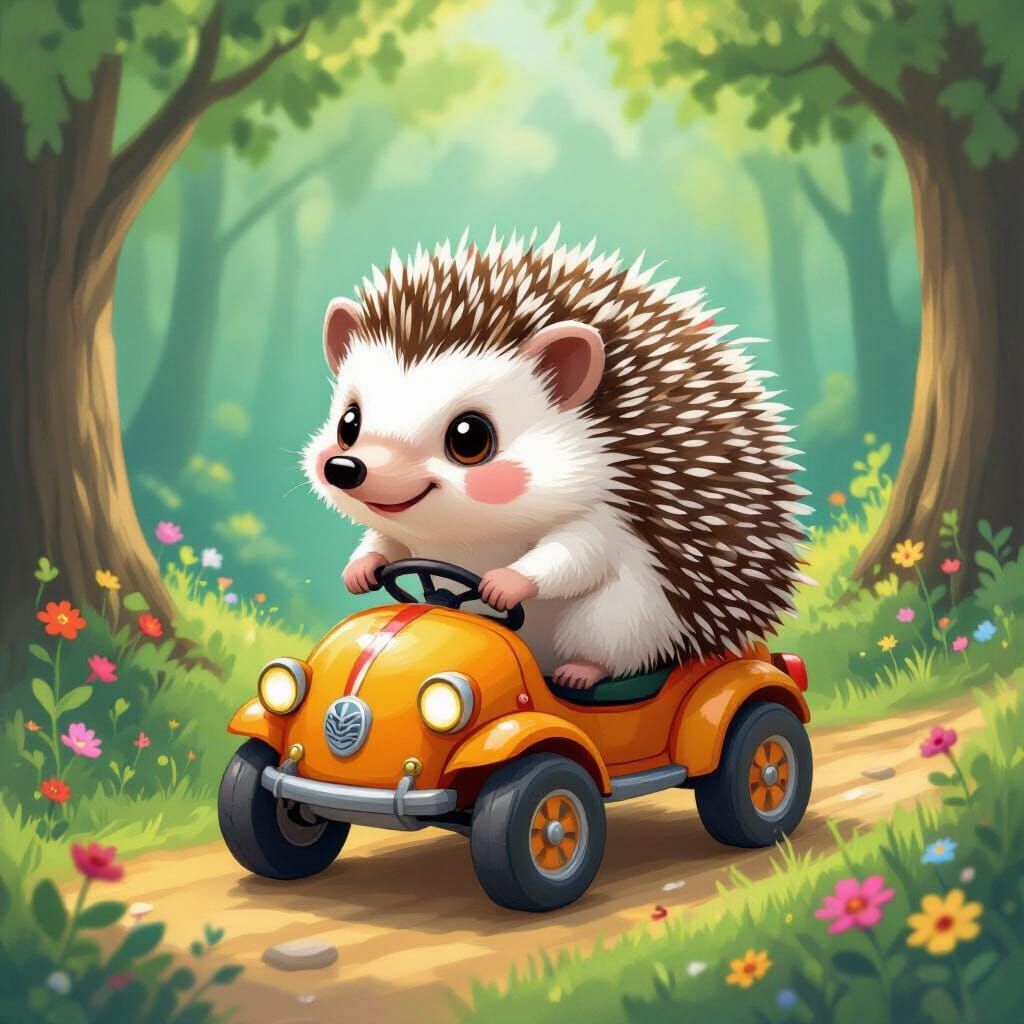 Hedgehog's Whimsical Ride in Animated Style