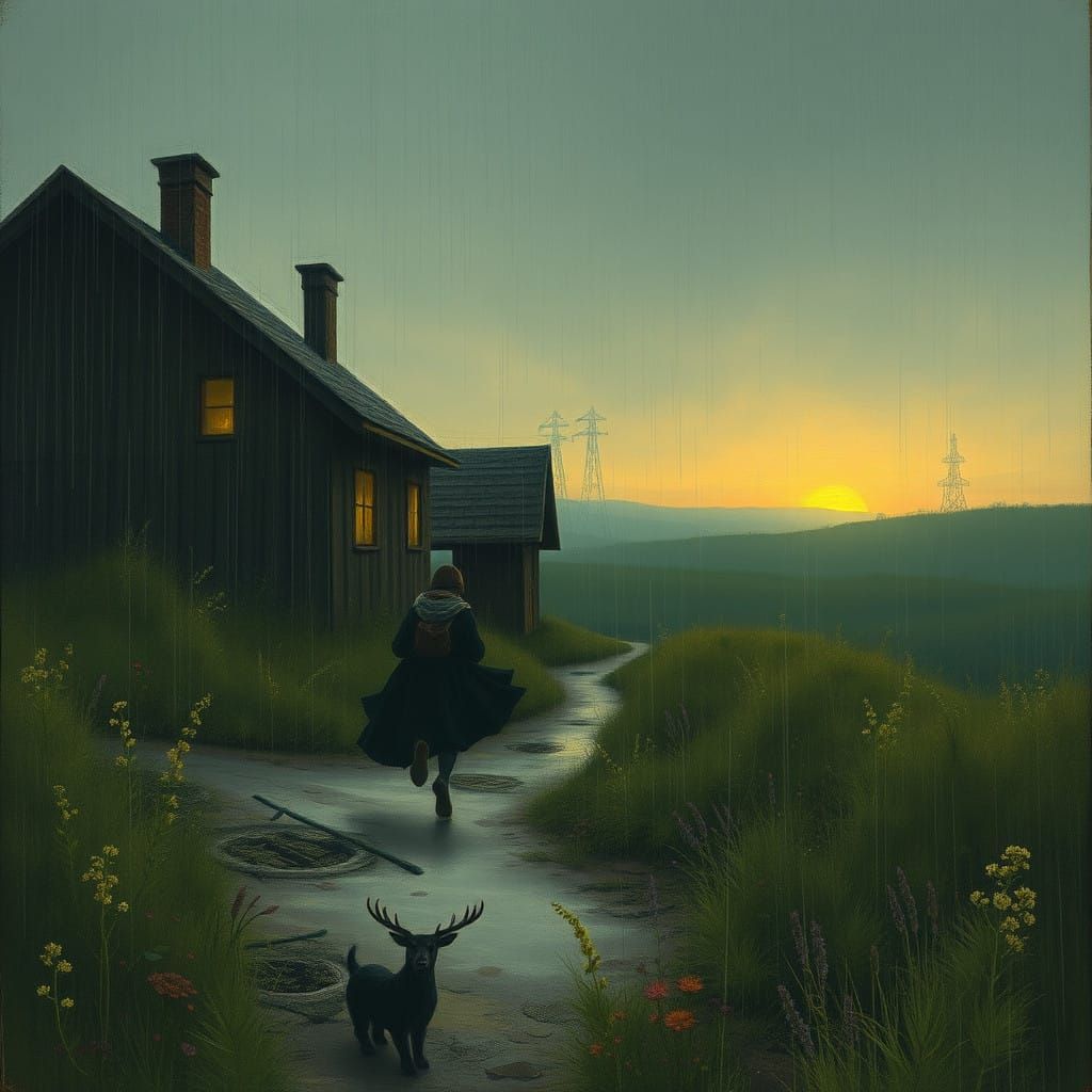 Exhausted Woman Runs Through Rainy Landscape