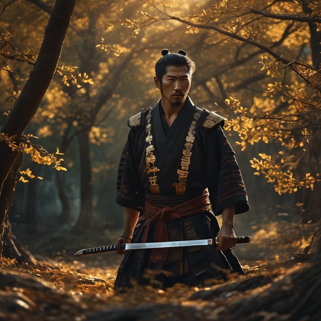 Samurai Warrior at Sunset in Japanese Painting Style