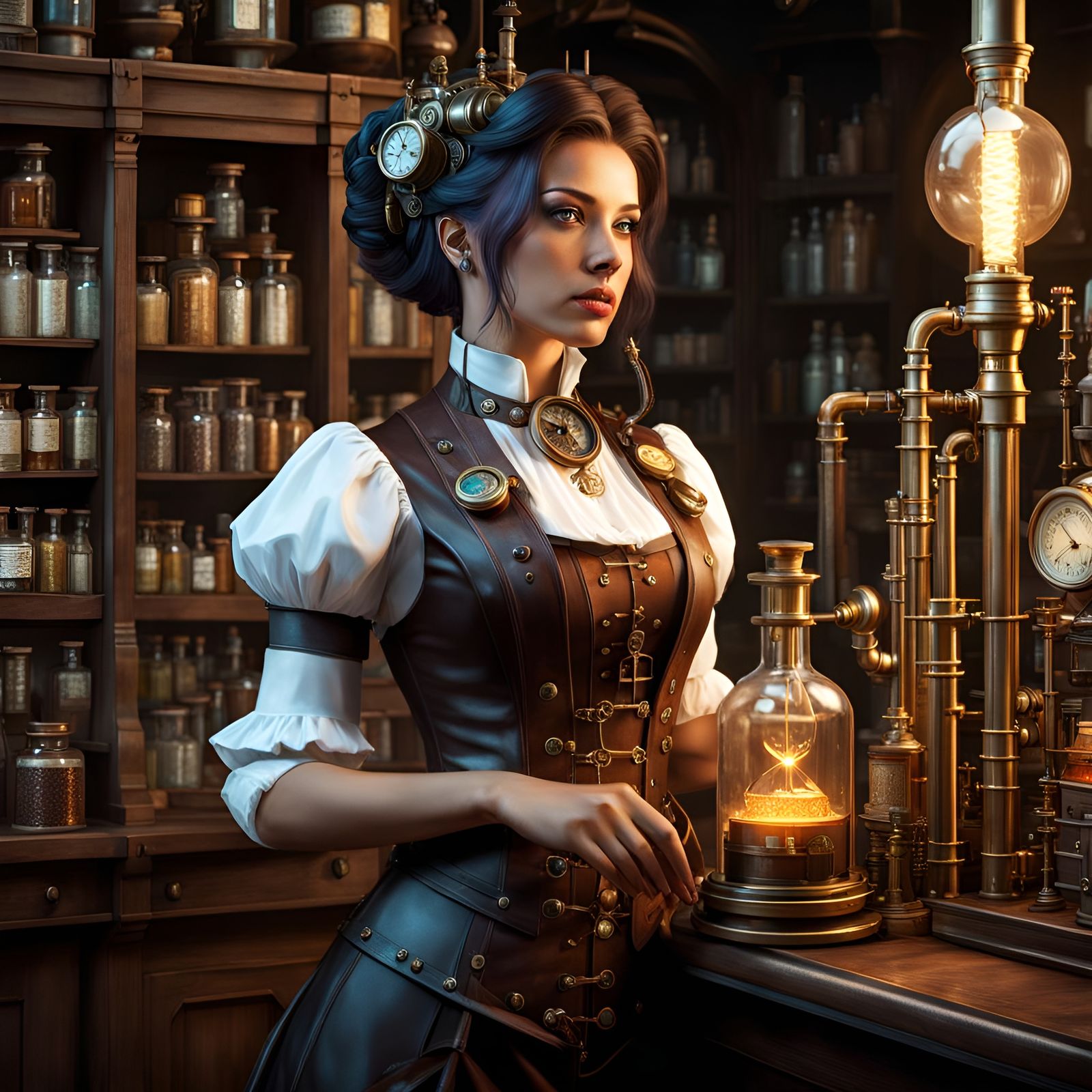 Steampunk Chemist in Detailed Gothic Apothecary