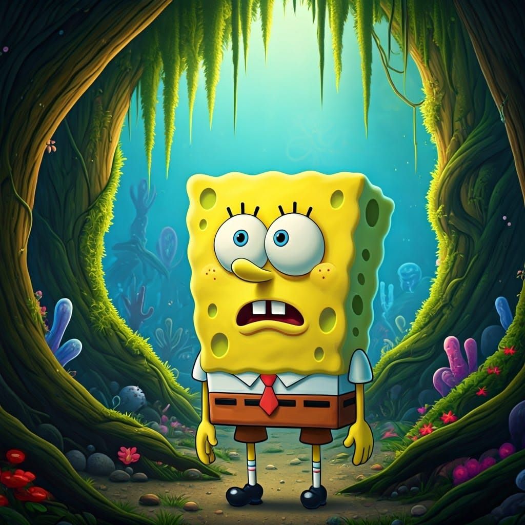 SpongeBob Lost in a Sunny Forest, 3D Digital Art