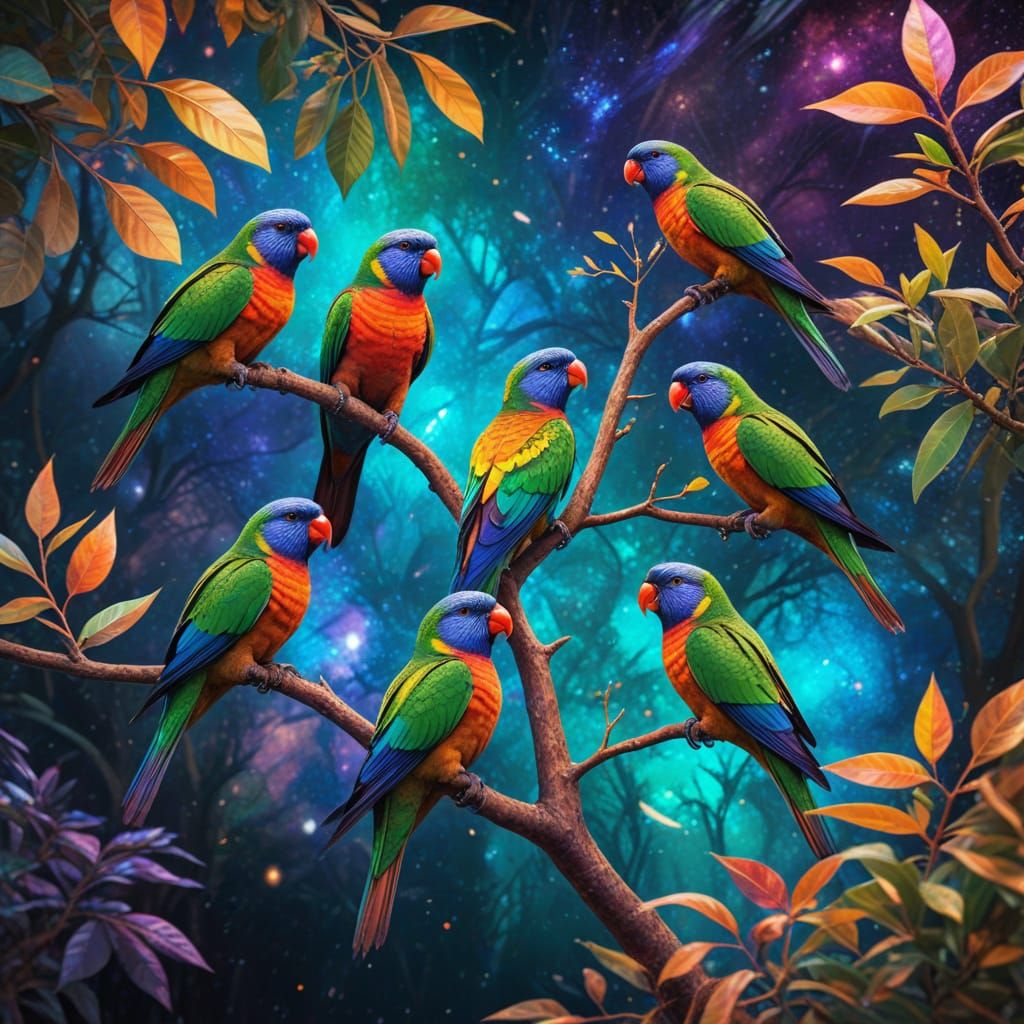 Lorikeets in a Pastel Astral Tree