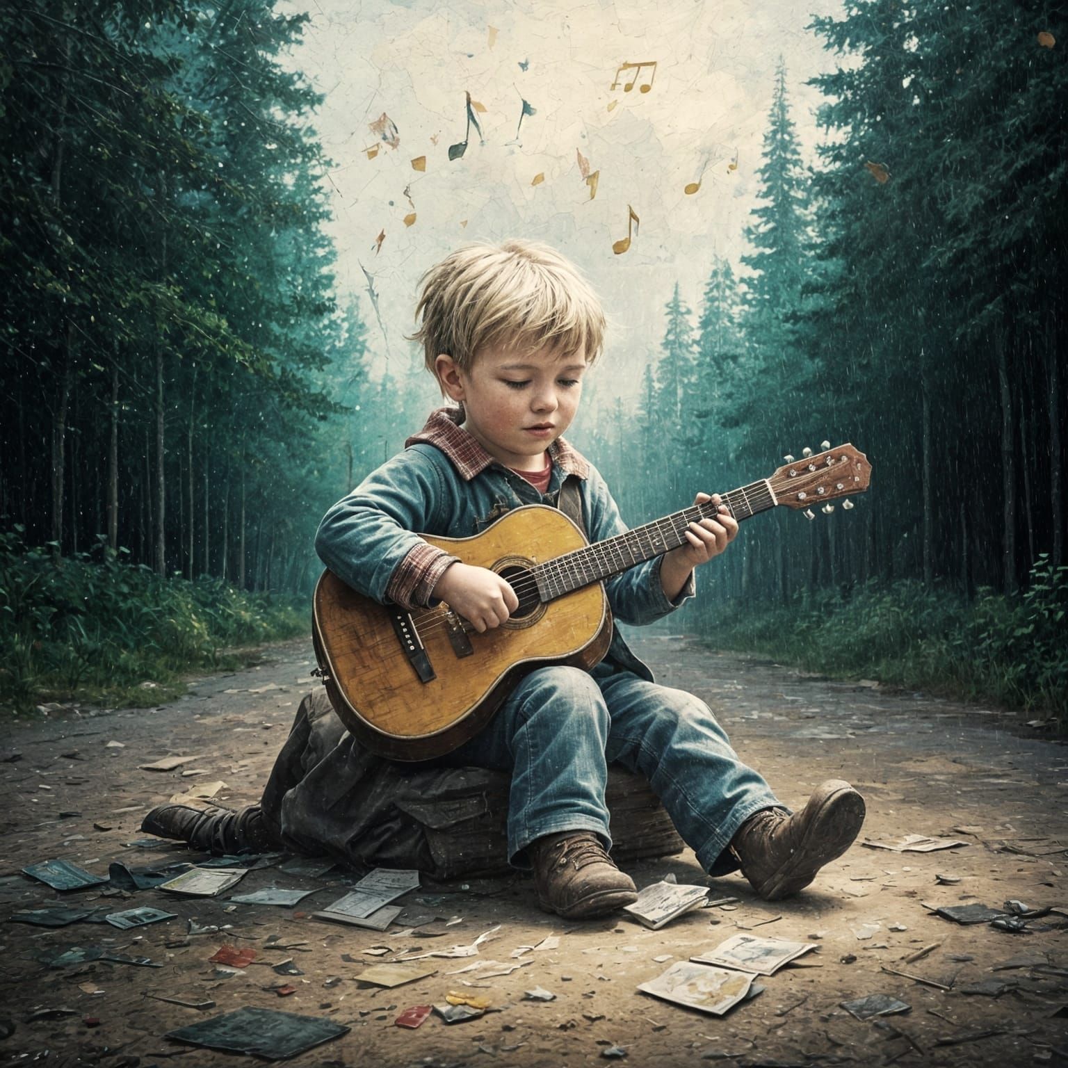 Impressionist Boy Playing Guitar in Rainy Cityscape