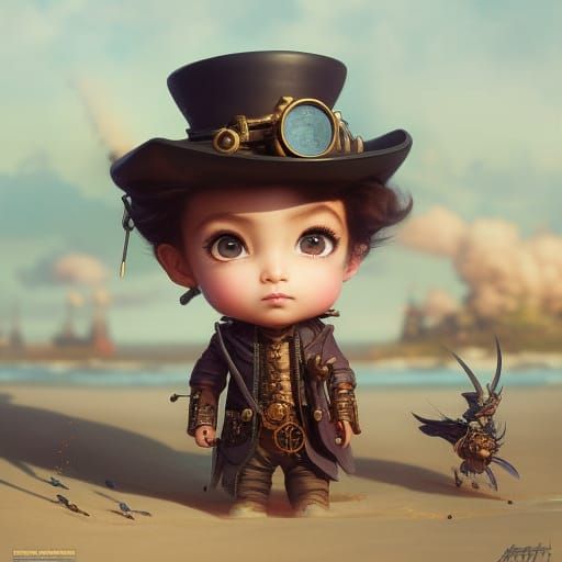 Steampunk Chibi Character on Beach: Matte Painting