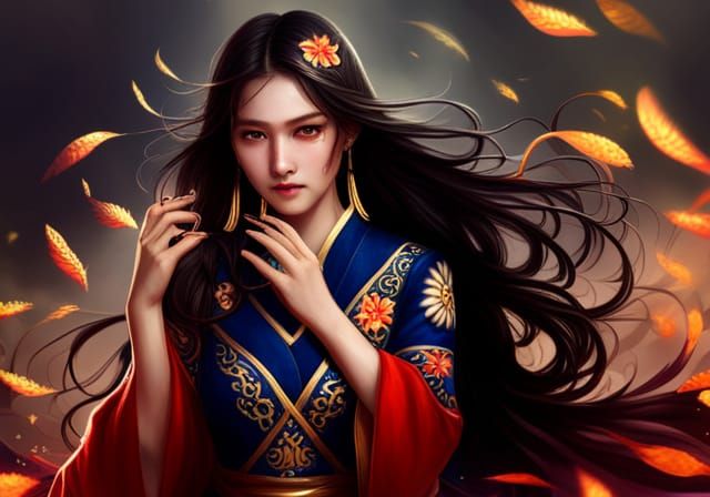 chinese women, traditional dress, long black hair , golden e...
