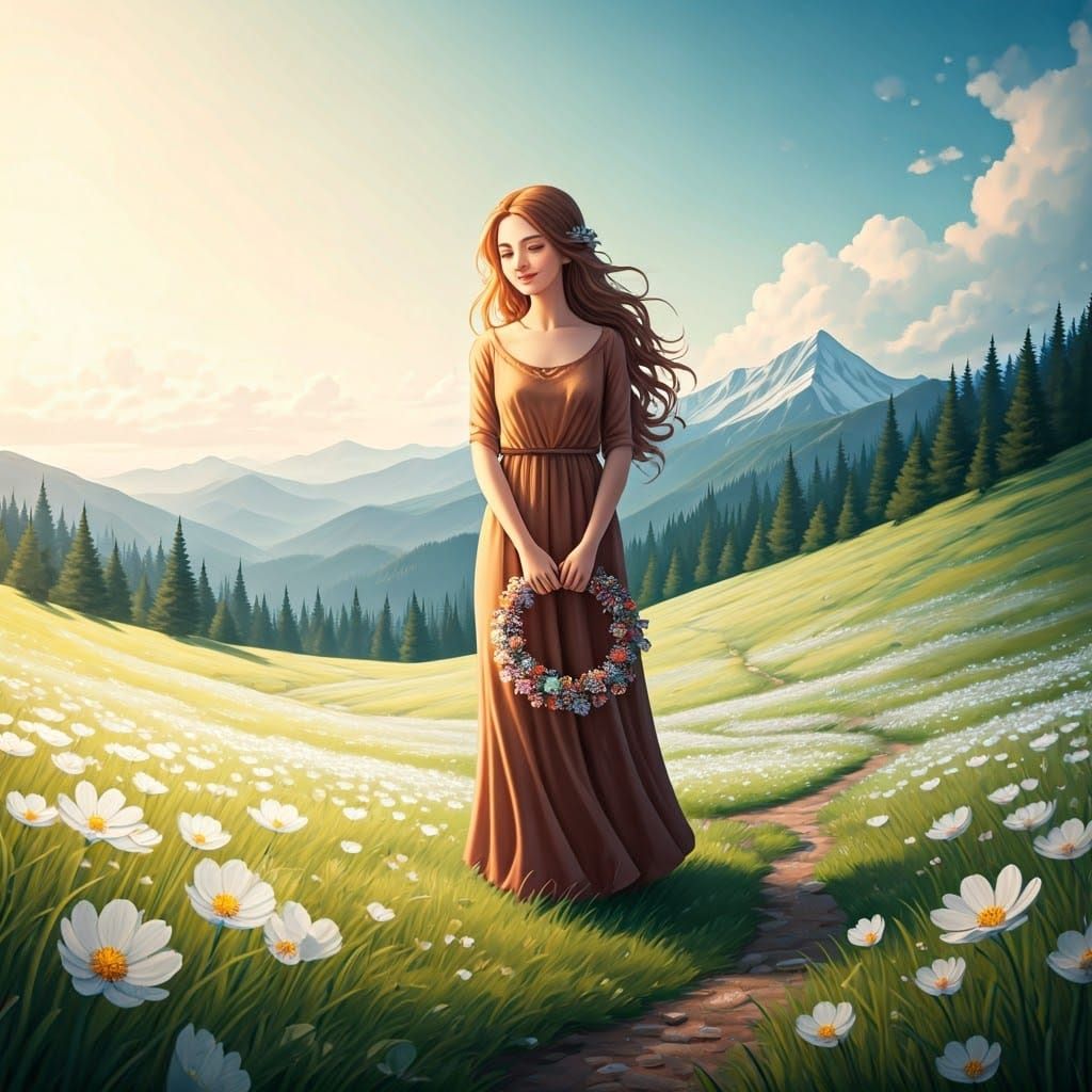 Serene Mountain Meadow with Radiant Flowers and Gentle Woman