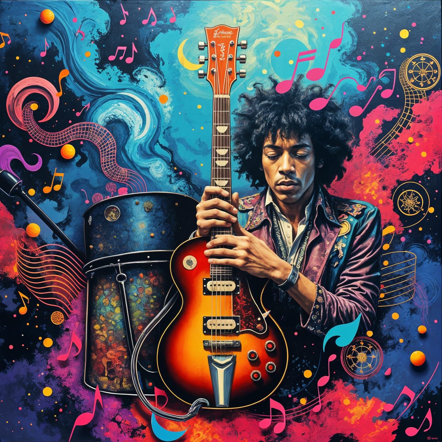 Psychedelic Pop Art Album Cover with Jimi Hendrix