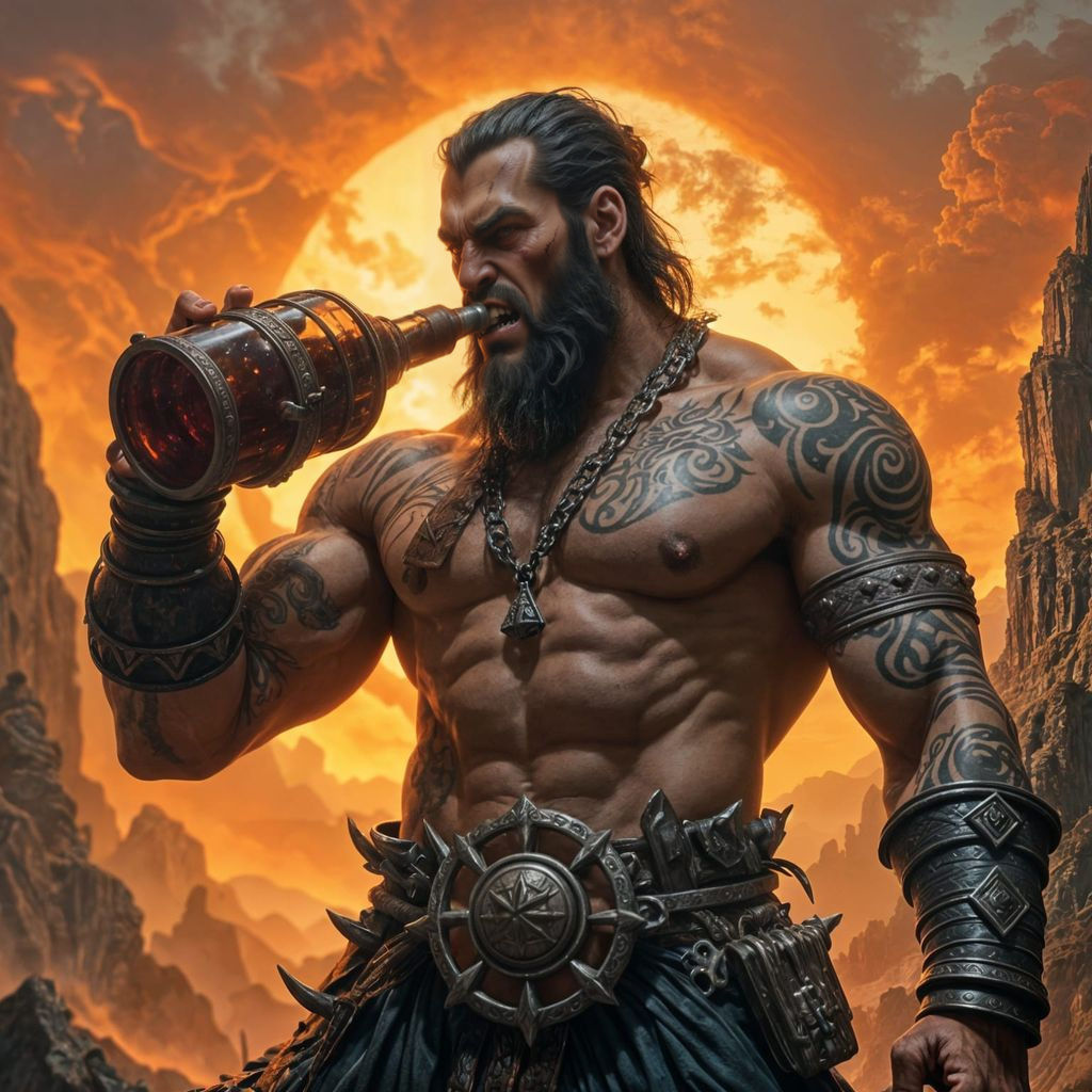 Berserker Chugs Rage Potion in Fiery Landscape