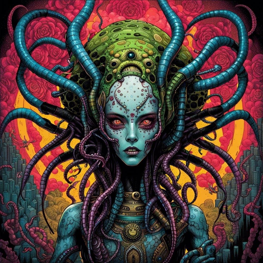 Alien Hive Queen in Dark Sci-Fi Style