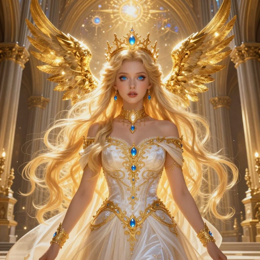 Fantasy Princess Embodies Divine Elegance in Golden Cathedra...