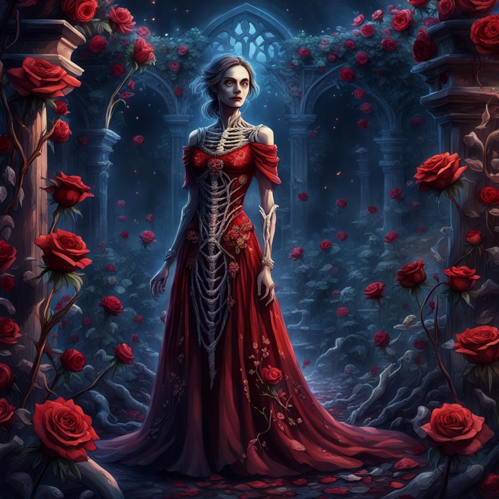 Bone Woman in Rose Dress: Dark Fantasy Art