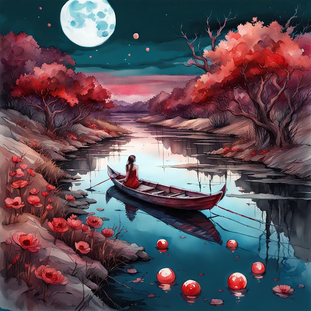 Blood Moon River Landscape in Watercolor Art