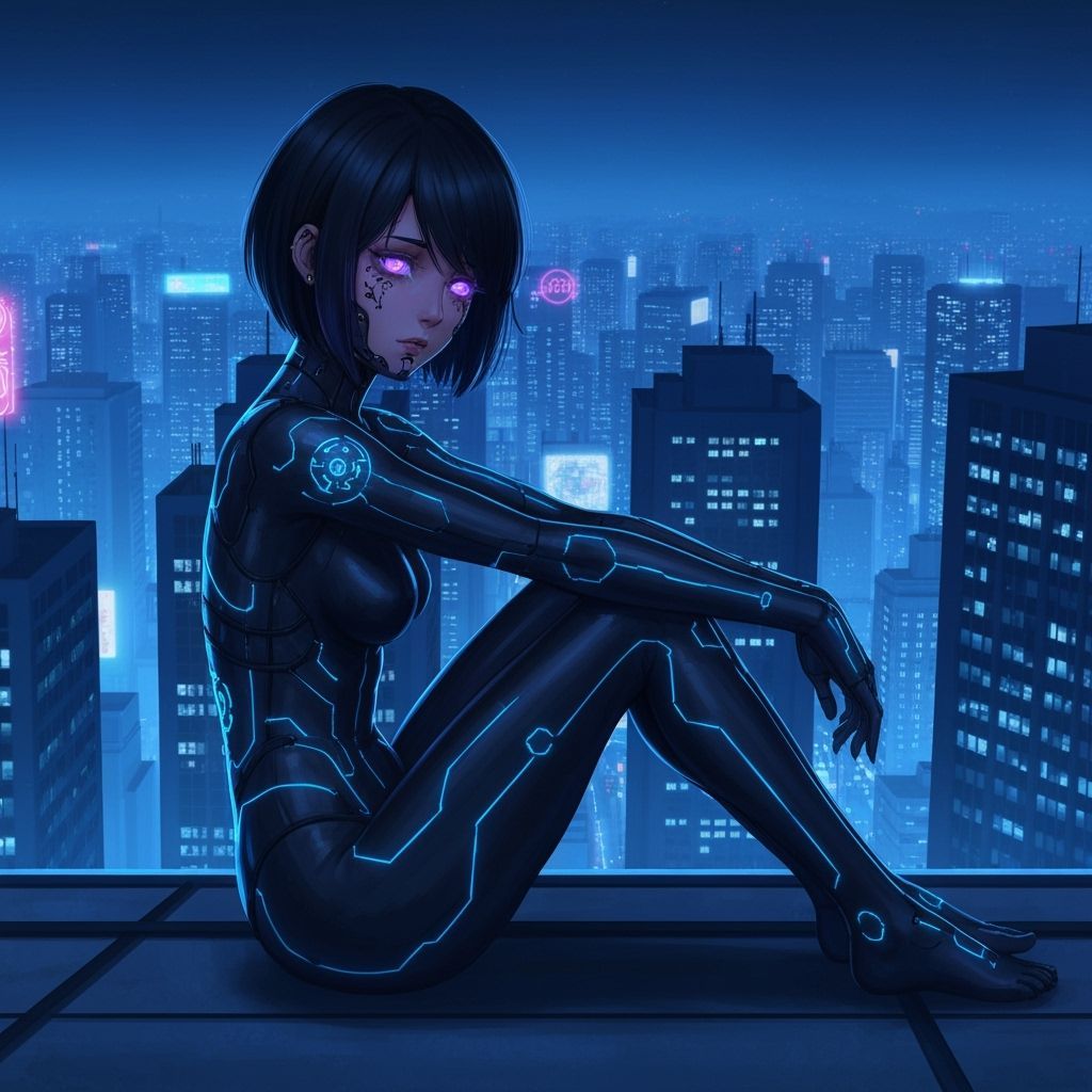 Anime Cyborg Over Cyberpunk City at Night