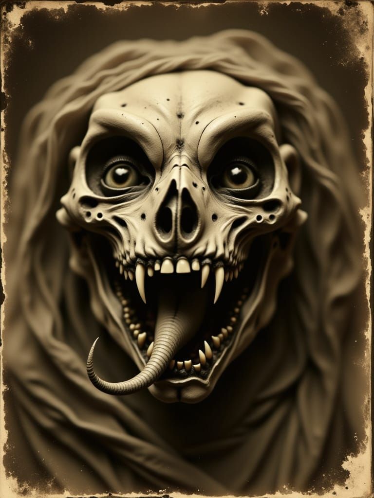 Skeletal Monster Cat with Snake Tongue in Vintage Horror Sty...