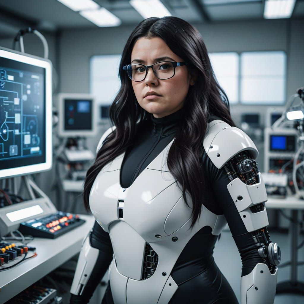 Chubby Female Scientist in Futuristic Laboratory