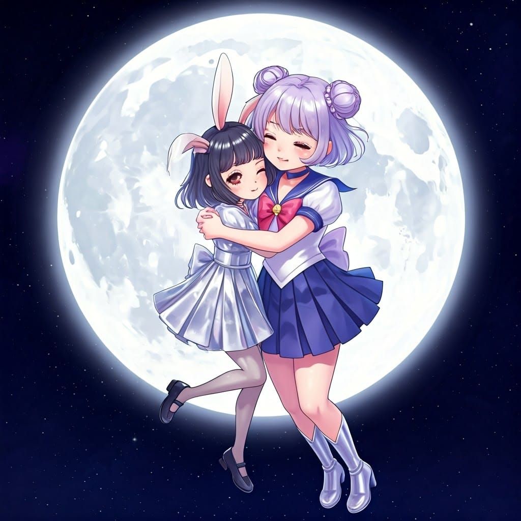 Anime Girls Embrace in Space