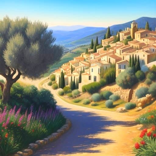 Vibrant Mediterranean Village Oil Painting
