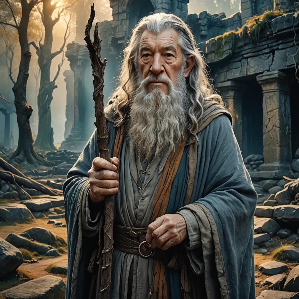 Gandalf the Grey in Mystical Forest Ruins