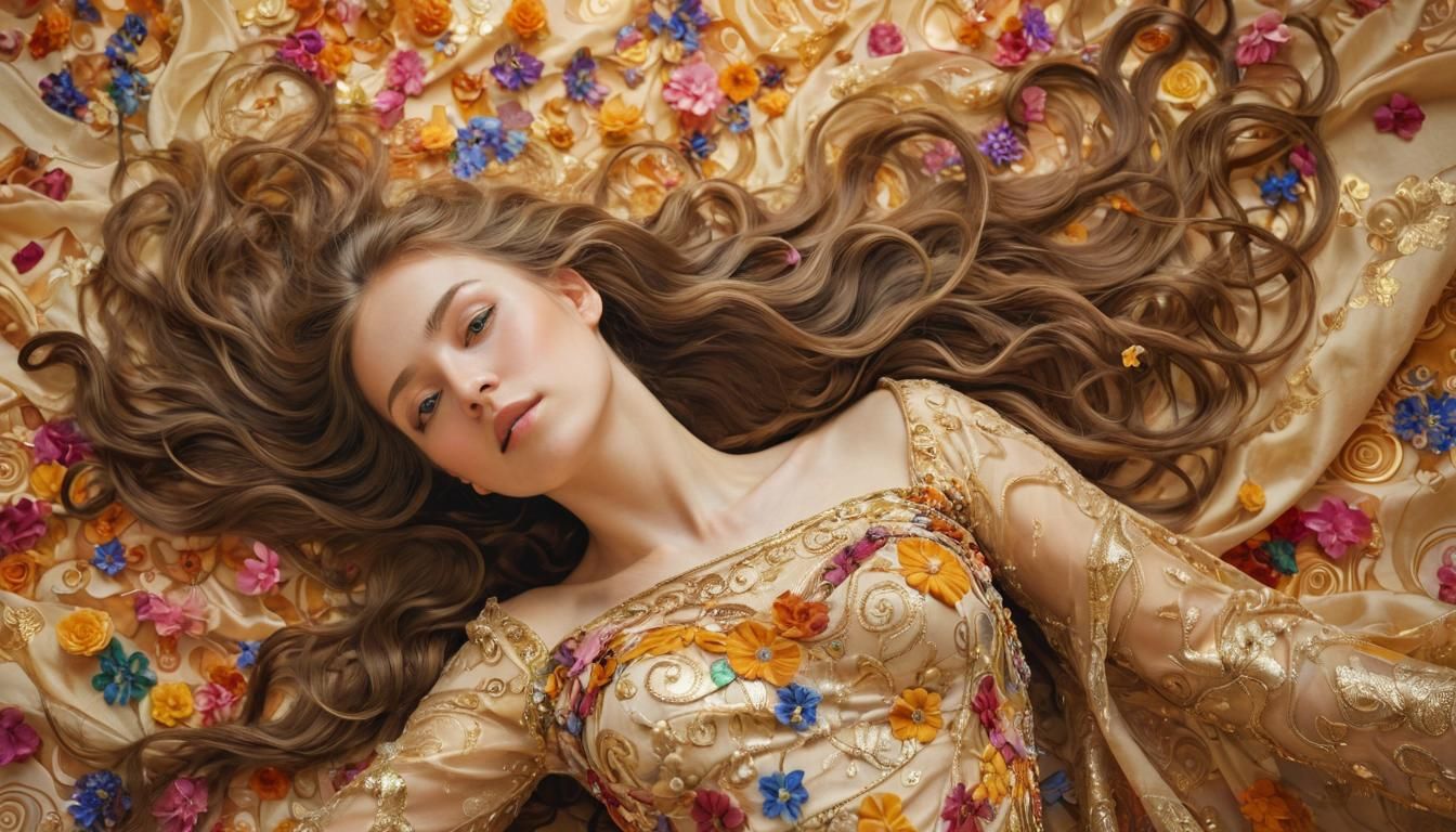 Woman in Surreal World with Klimt-Inspired Details