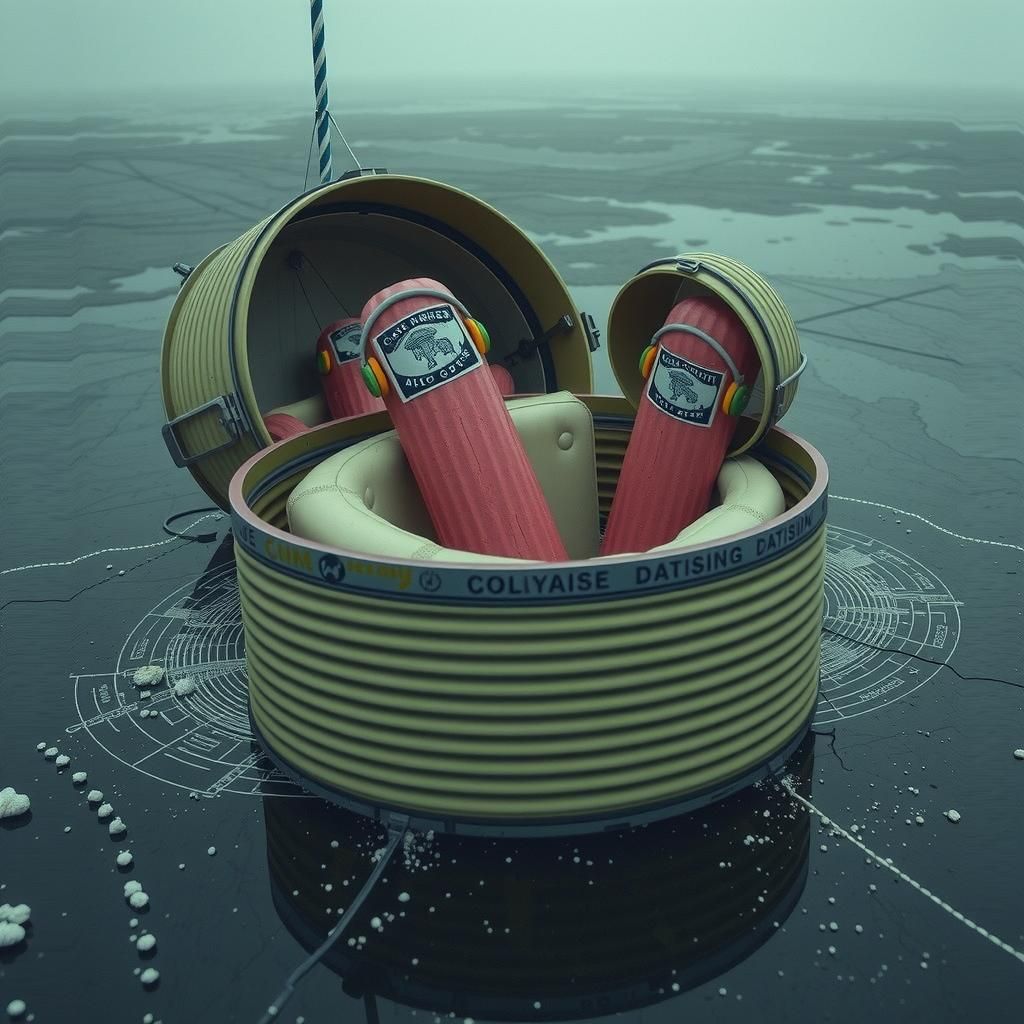 Linocut Mushroom Flags Wave in Surreal Scene